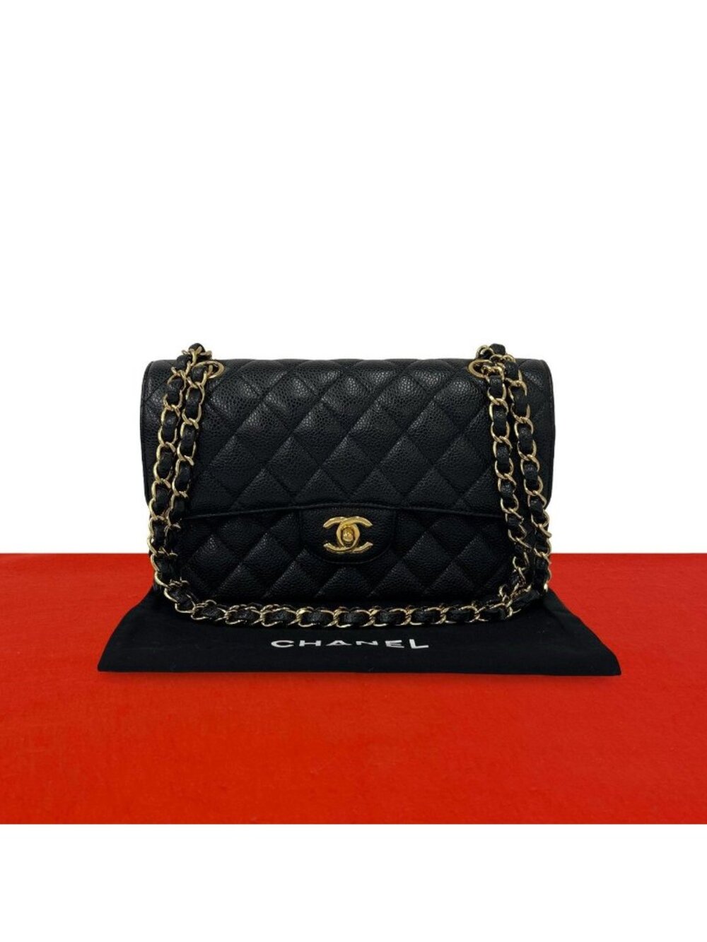 Chanel Quilted CC Logo Double Flap Caviar Leather Shoulder Bag Black